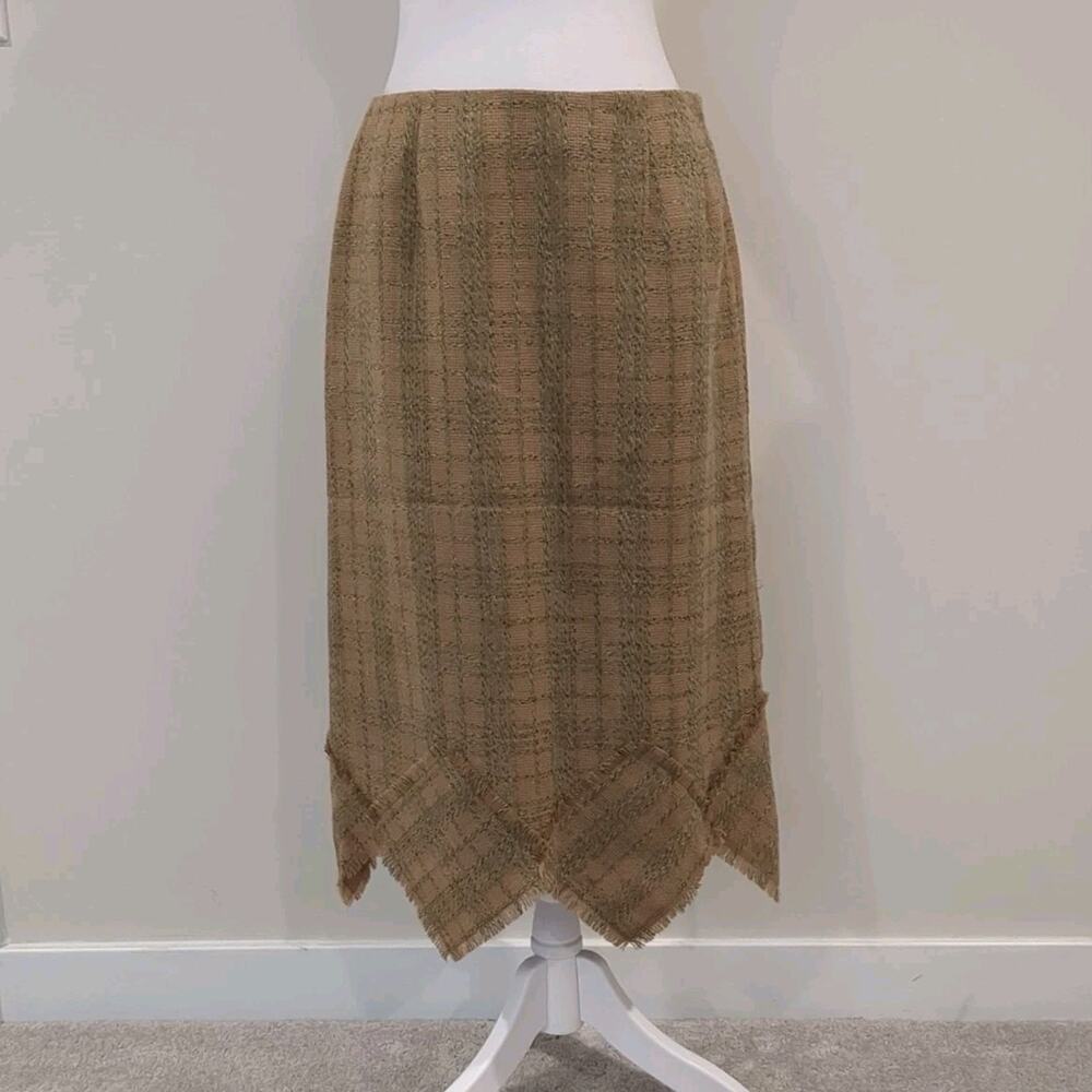 Vintage Harve Bernard Wool Pencil Skirt Women 8 Windowpane Green Plaid Fringe
